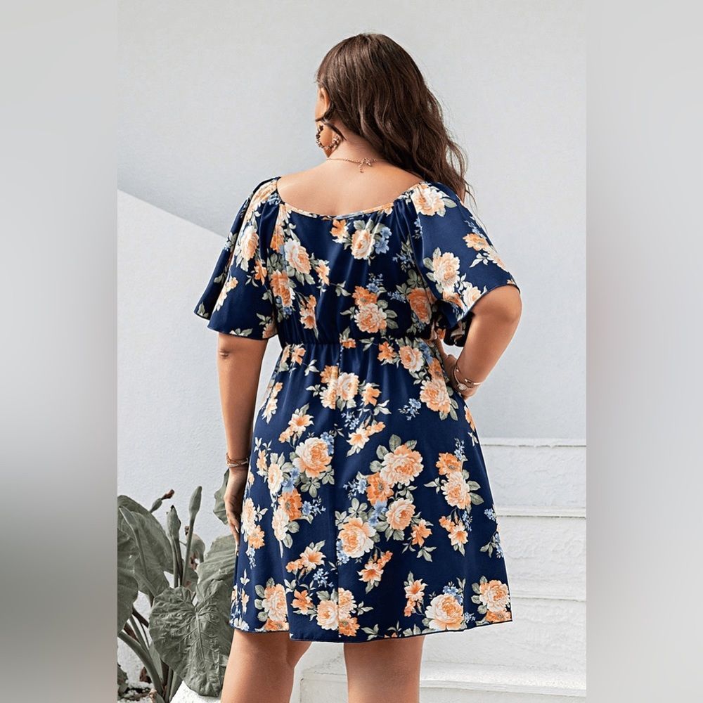 Blue Plus Size Floral Print V-Neck Flutter Sleeve  A-Line Mini Dress - Picture 3 of 3